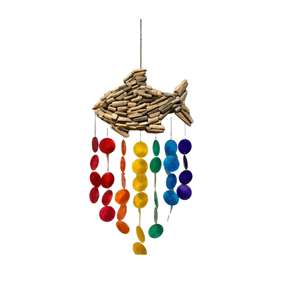 A fish-shaped wind chime hanging ornament made from natural wood, with colorful hanging discs in red, orange, yellow, green, blue, and purple on a white background.