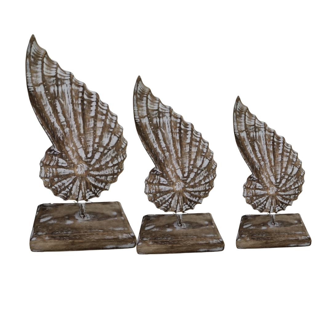 brown wash finish 3 wooden conch shell decor pieces all set on a stand on a white back ground 