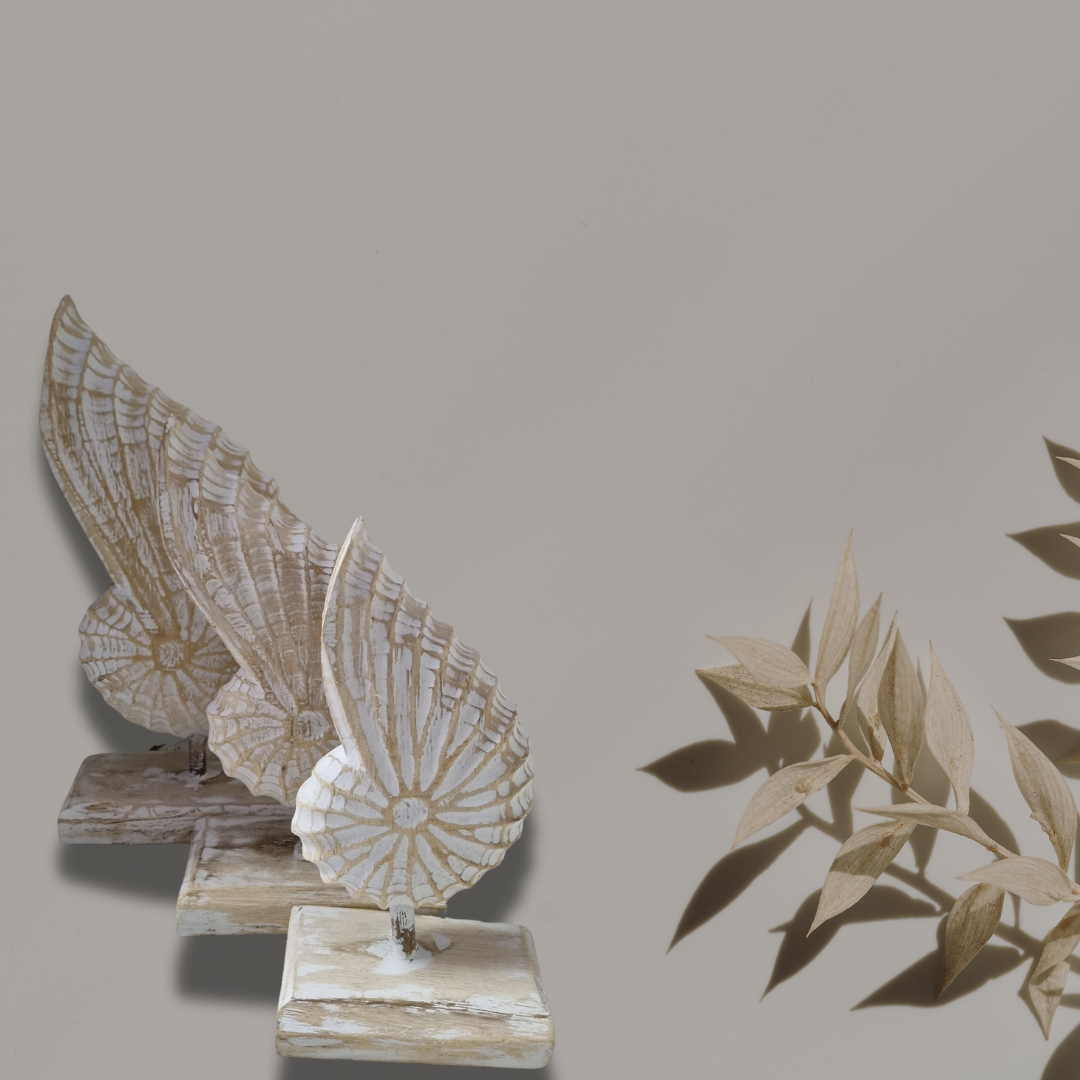 wooden set of conch shell carvings displayed on a gray back gournd with some furn artwork 