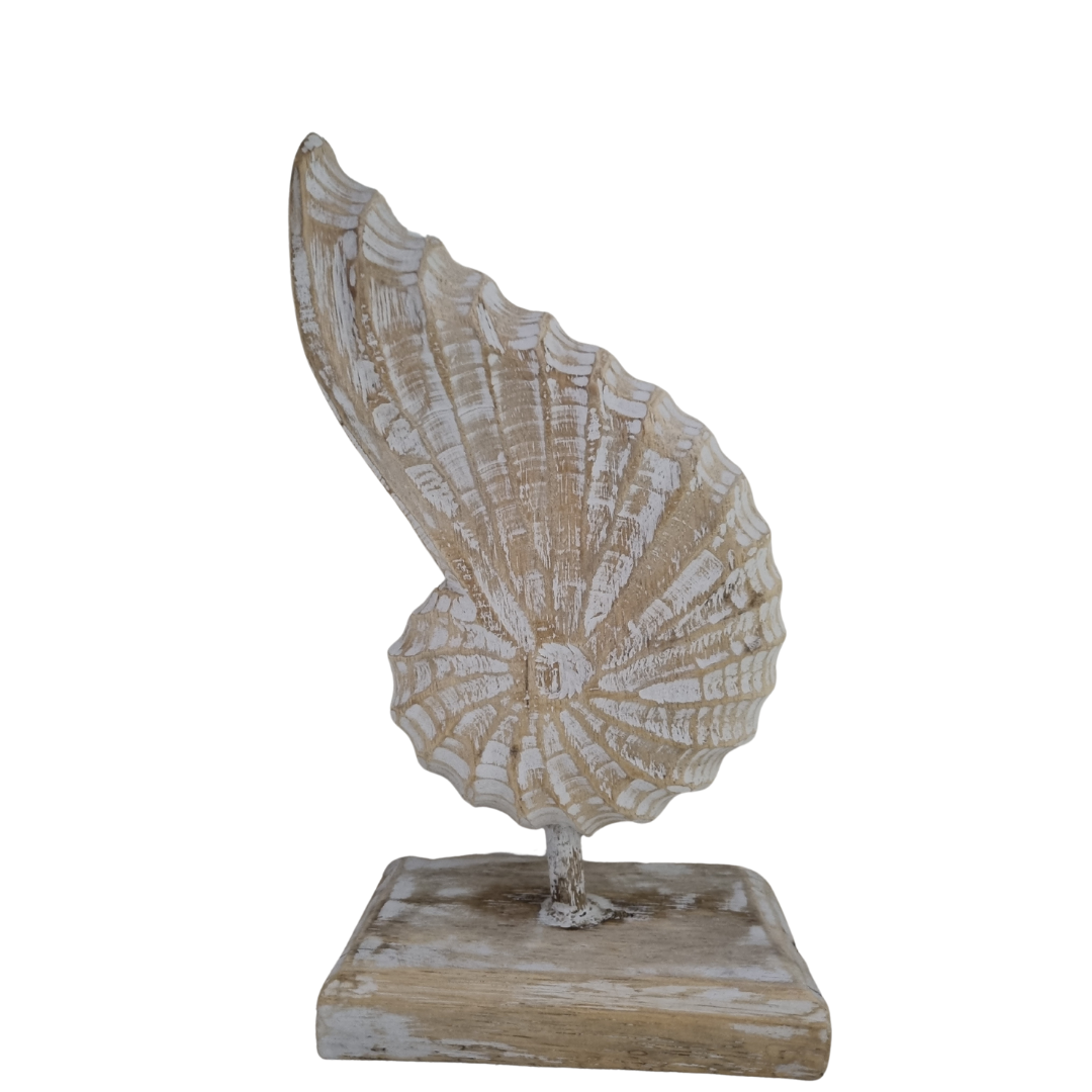 A handcrafted wooden conch shell decoration on a stand, with a natural beige and white color finish.