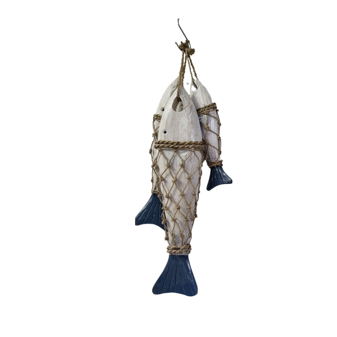 A decorative hanging fish ornament made from set of 3 white-painted fish bodies wrapped in a natural rope net, with dark blue fins and tails, suspended from a metal hook against a plain white background.