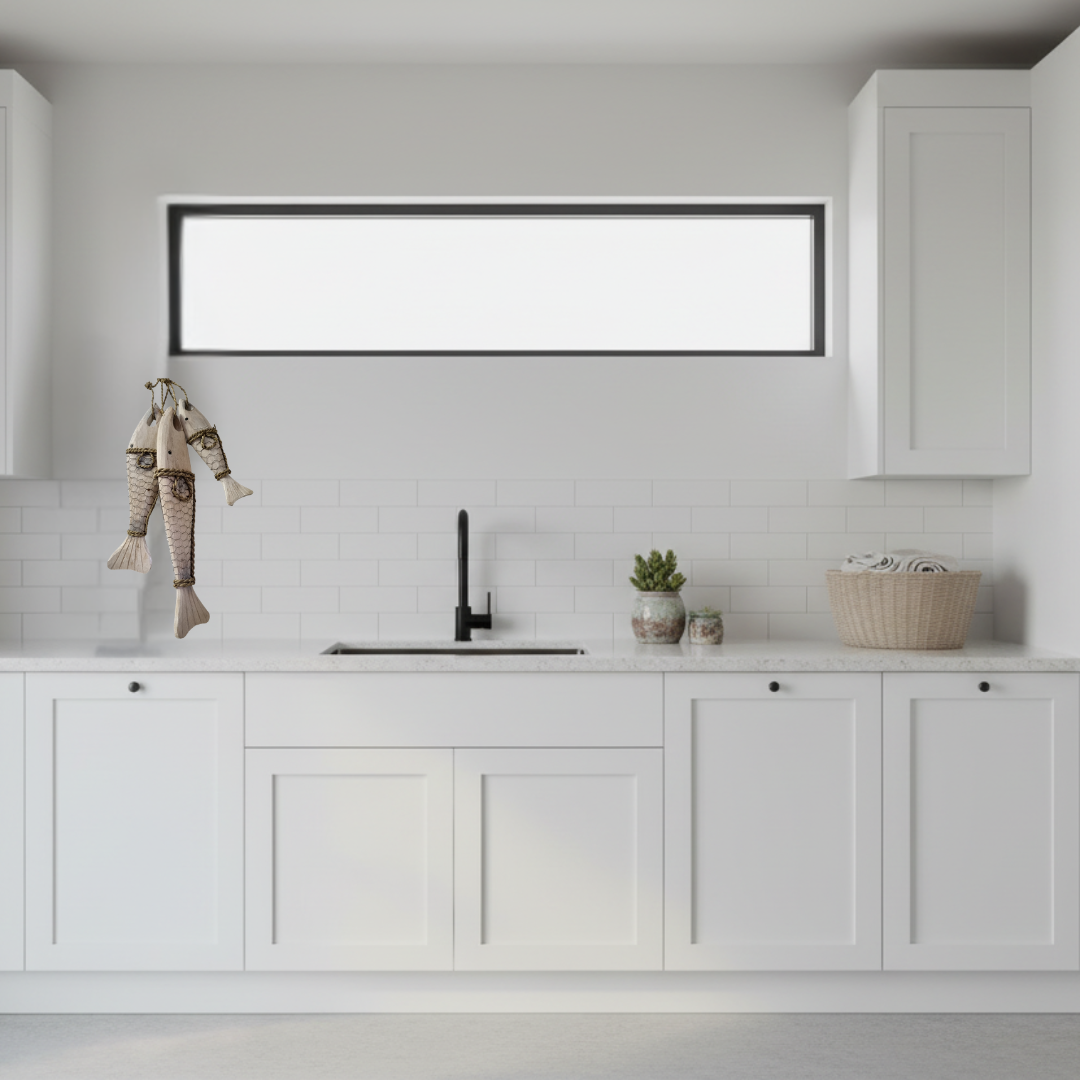 Stylish laundry with natural white wash decorations for the wall.