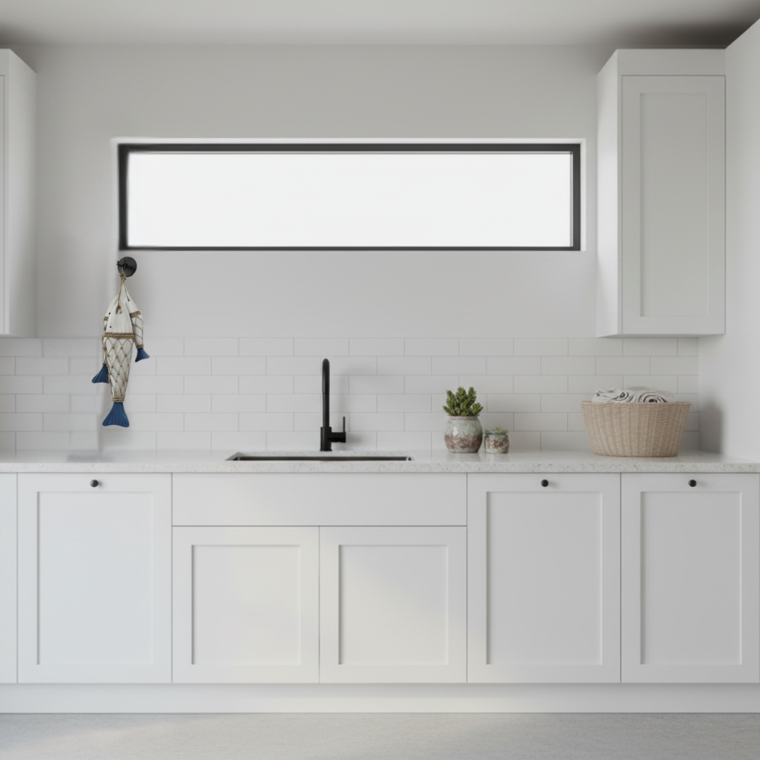 A modern laundary scene with white shaker-style cabinets, a white subway tile backsplash, a black faucet, and a long horizontal window. Small decor items including a basket, small plant, and hanging ornament are placed on the counter.