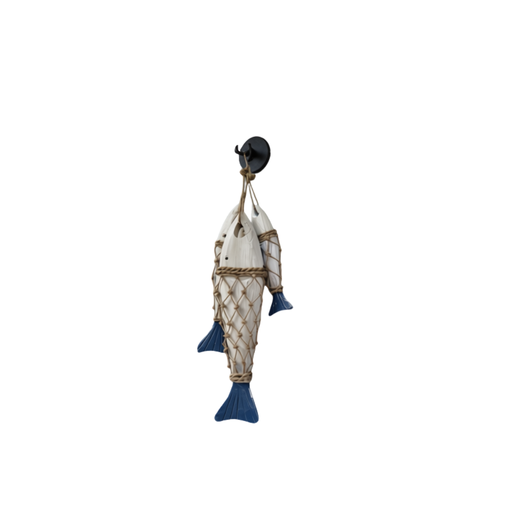 three decorative wall art with blue painted fins wrapped in jute rope netting, hung on a matte black wall hook