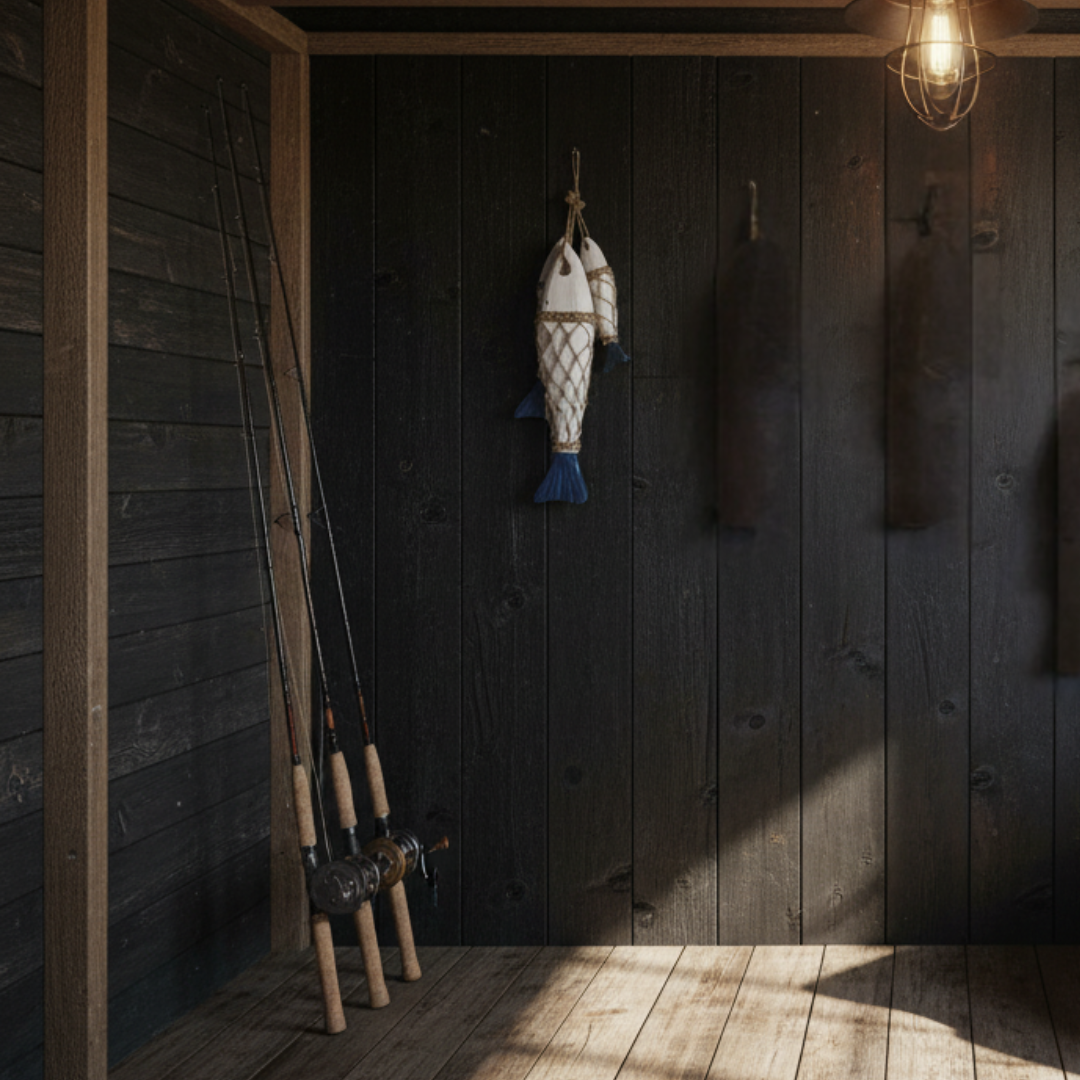 A rustic interior scene with dark wood-paneled walls and floor, fishing rods leaning against the left wall, a decorative fish-shaped hanging ornament in the center, and a warm hanging light above.