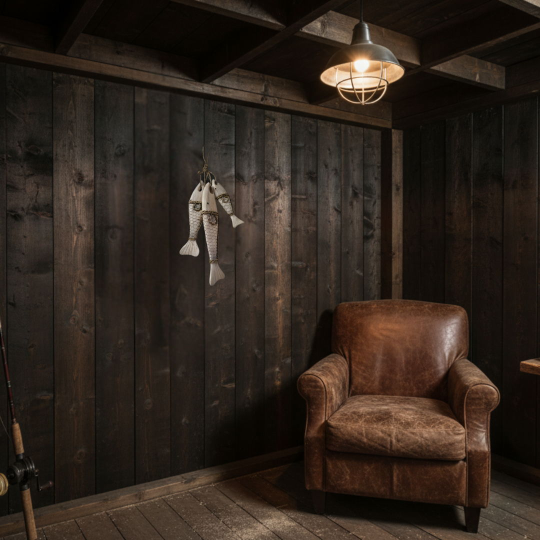 A rustic interior scene with dark wood-paneled walls, a brown leather armchair, a hanging fish decoration, and a warm pendant light overhead.
