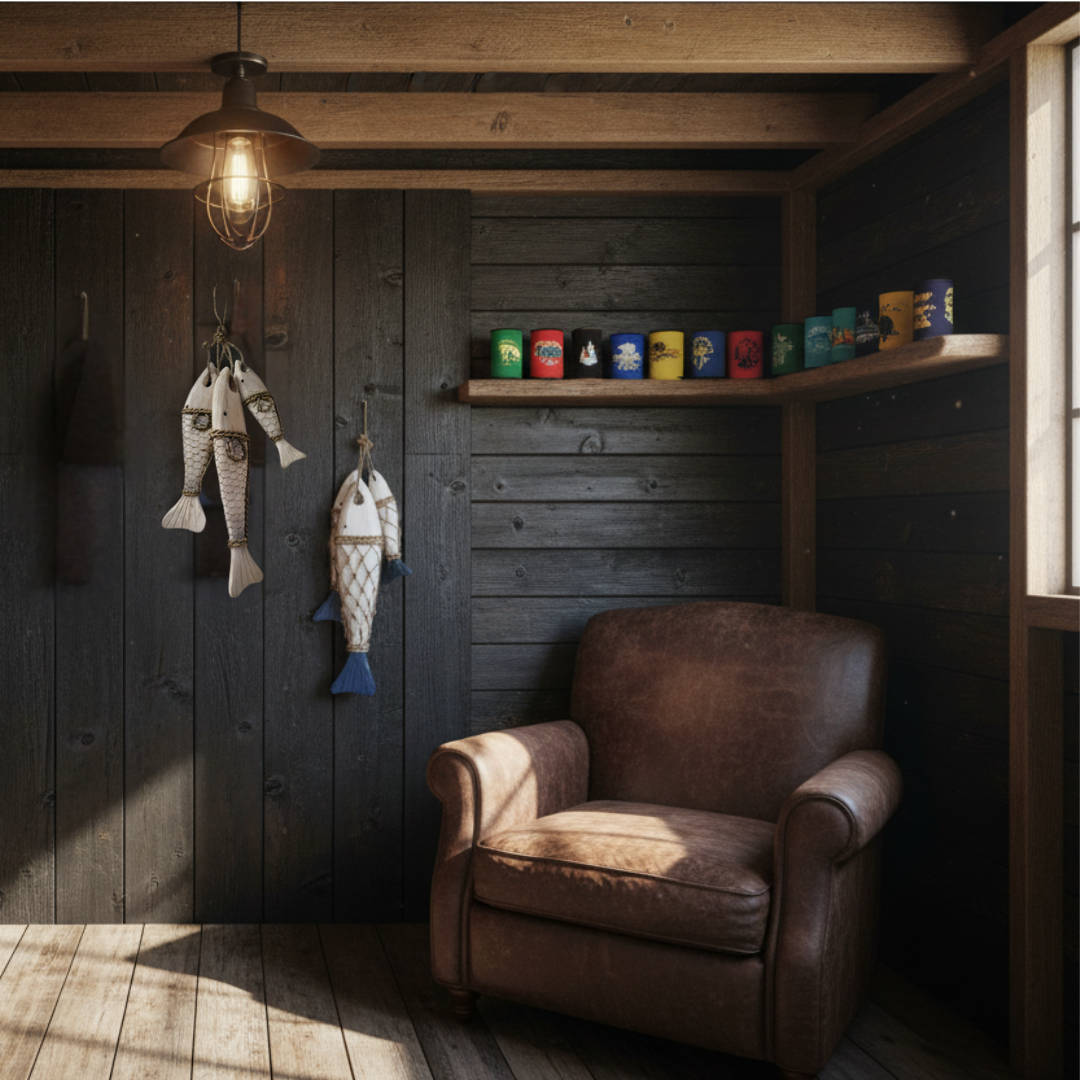 A rustic interior corner with dark wood paneled walls, a brown leather armchair, a hanging light fixture, decorative fish figures, and a shelf holding colorful mugs. No person or animal is present, and the scene appears to be a styled room setting rather than a clean isolated product shot.