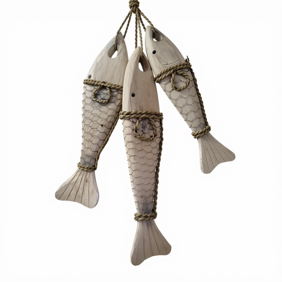 Three rustic wooden fish ornaments with textured scales, rope details, and a hanging string, shown against a plain white background.