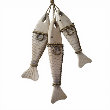 Three rustic wooden fish ornaments with textured scales, rope details, and a hanging string, shown against a plain white background.