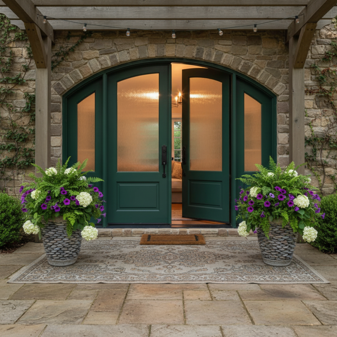 Close-up of a round stone-finish garden planter overflowing with purple petunias, white hydrangeas, and Boston ferns on a paved porch