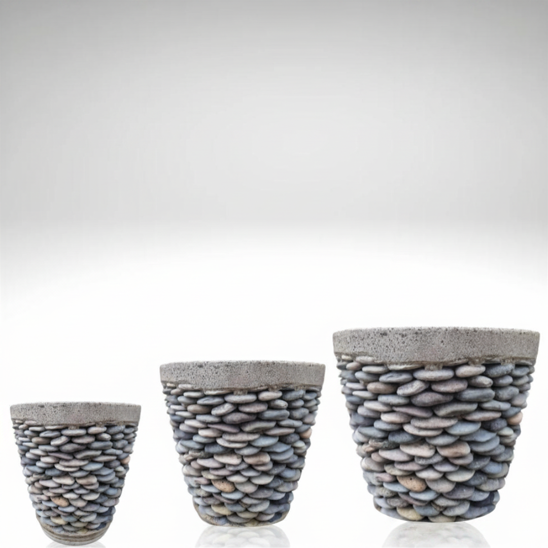 Three handcrafted stone-finish garden planters in small, medium, and large sizes on a grey background