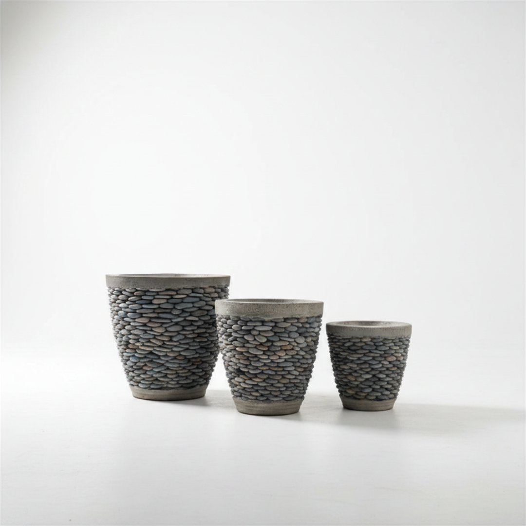 three stacked pebble pots in sizes large medium small 