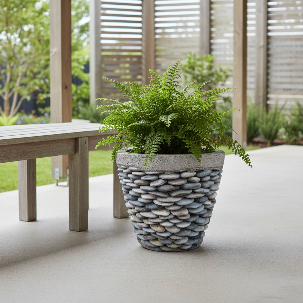 Tall stone-textured garden planter with a fern on a covered patio beside a timber bench