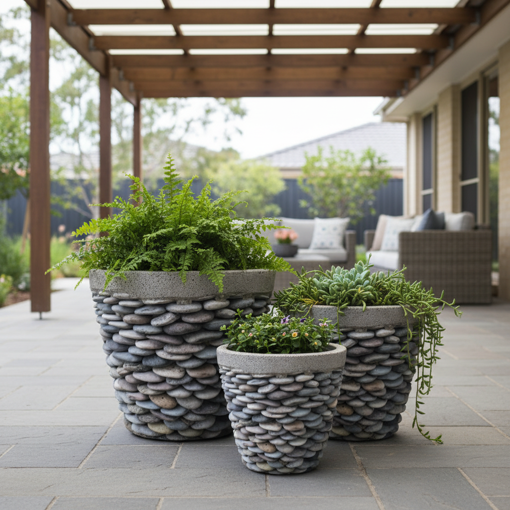 Three stone-textured tapered planters grouped on a covered patio, the large with a fern, the medium with a succulent and the small with a trailing plant