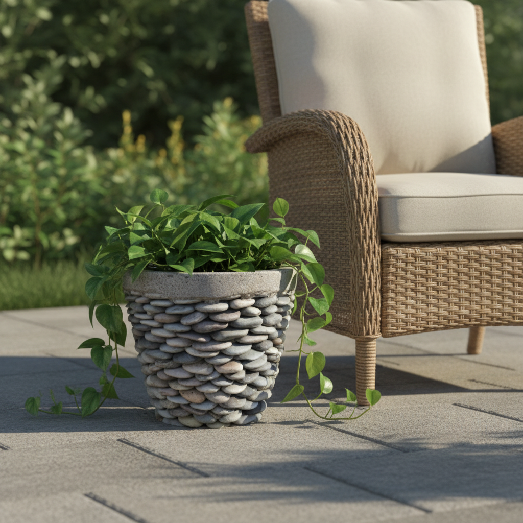 Pebble Stone concrete pots Stone-finish tapered planter with a trailing pothos on a paved patio beside a wicker lounge chair