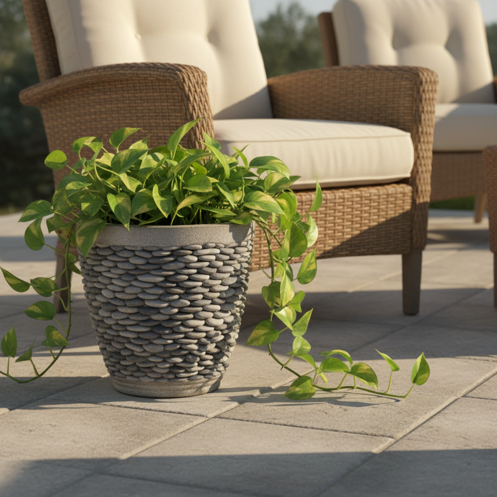 Grey pebble mosaic planter with trailing pothos on a paved patio beside rattan lounge chairs