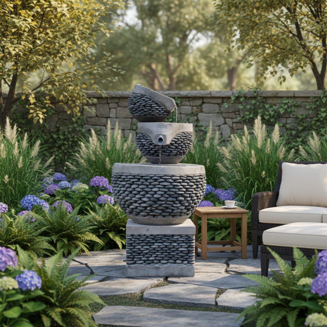 Pebble Style Cascading Garden Water Feature on a stone patio surrounded by hydrangeas, ferns and ornamental grasses with outdoor seating