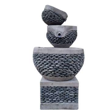 Garden Water Fountain with three stacked concrete and pebble bowls on a square base
