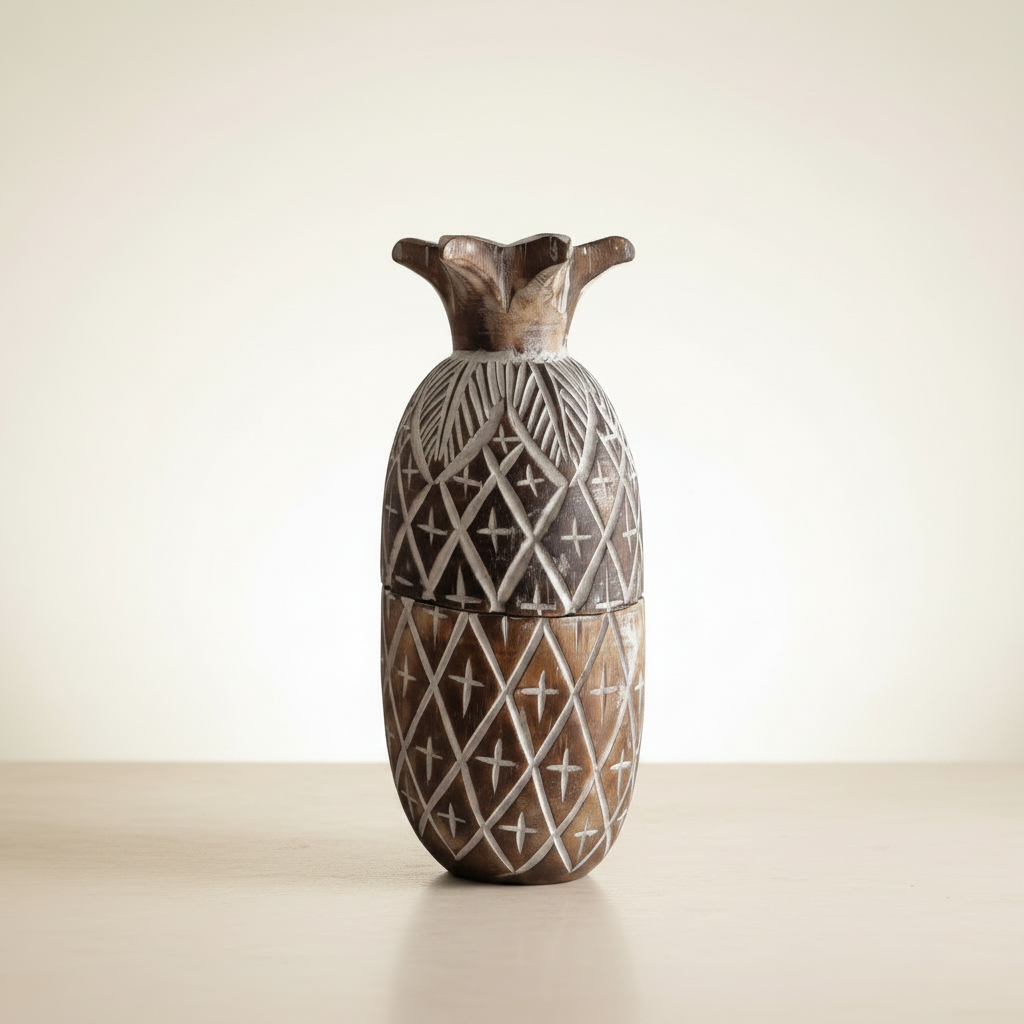 Medium-sized dark carved timber container standing upright on a softly lit cream studio surface