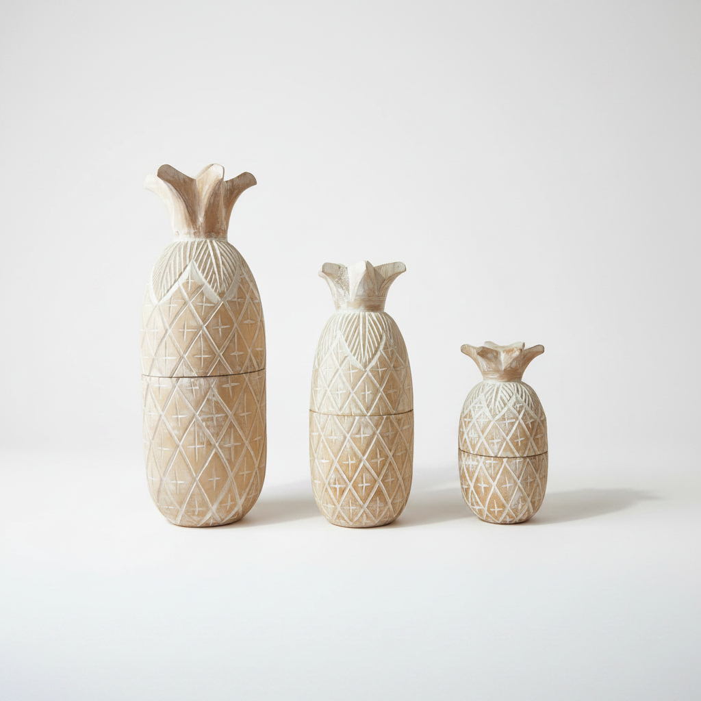 Three pineapple-shaped decorative containers in a tiered size progression, featuring a textured carved pattern and a fluted top, displayed on a clean white studio background.