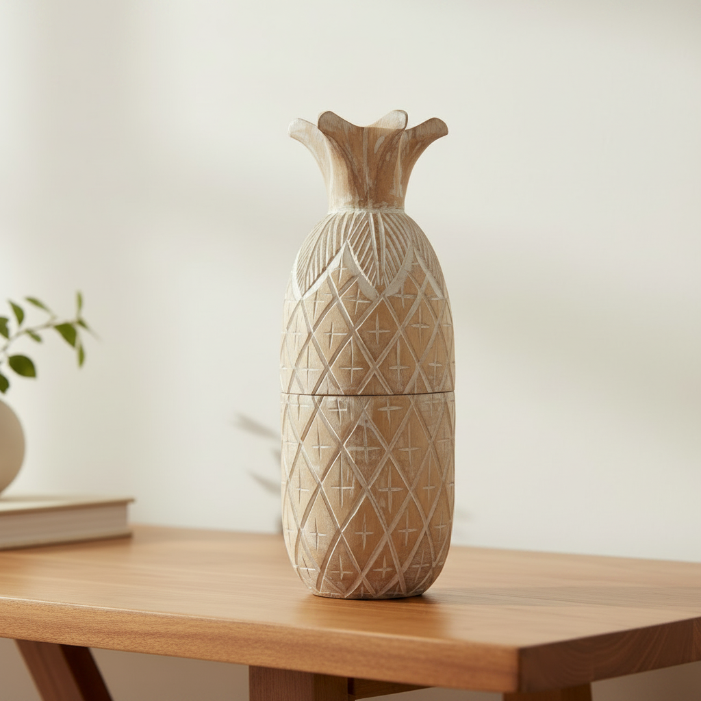Tall carved timber container displayed on a natural wood tabletop in a bright neutral interior.