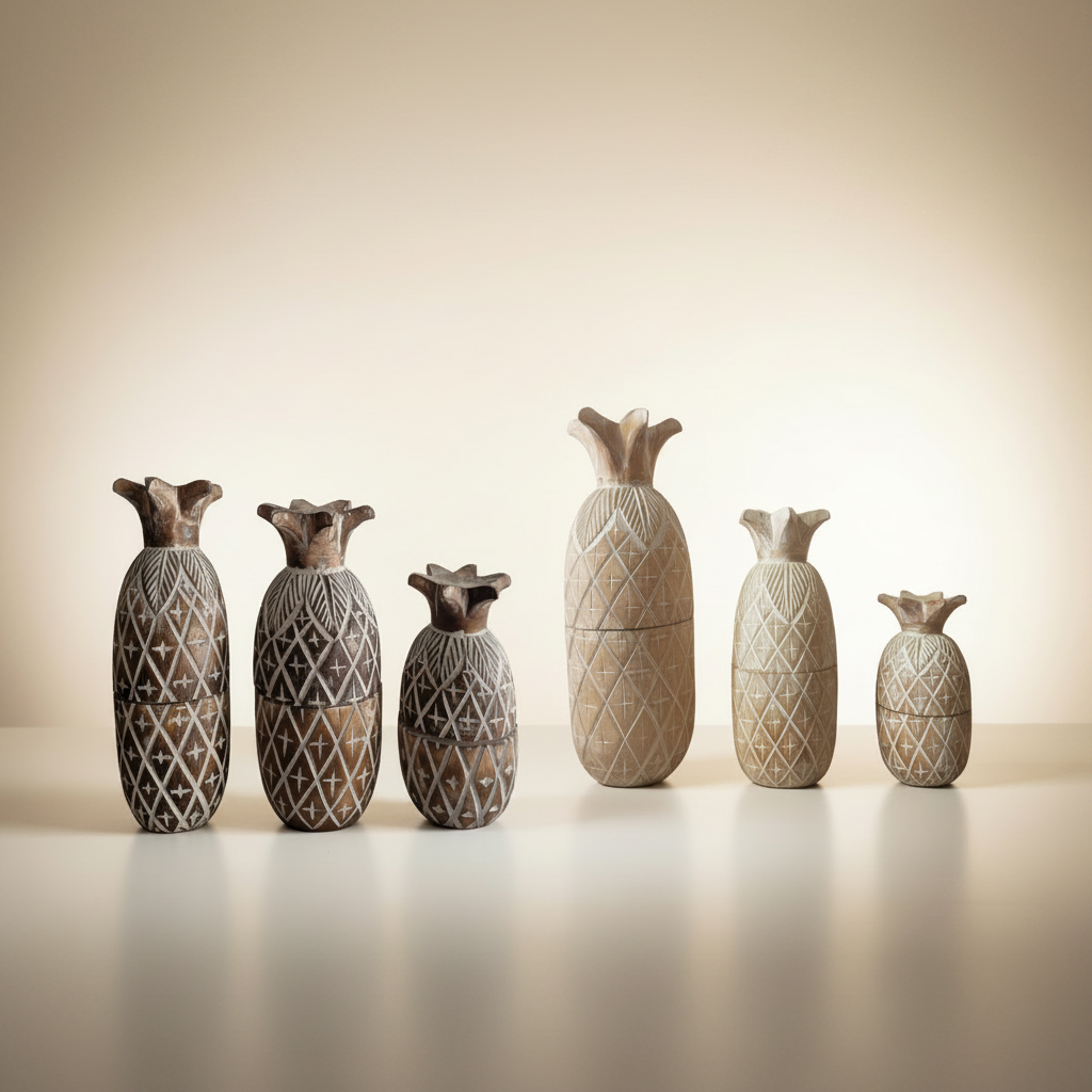 Six carved wooden pineapple canisters in varied natural wood tones arranged on a neutral studio surface