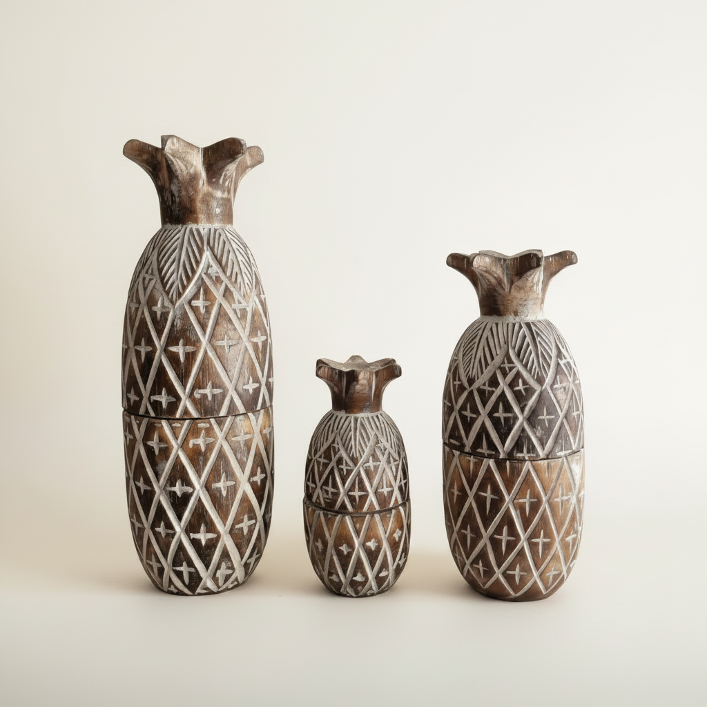 Three dark carved timber containers in graduated sizes arranged on a clean white background.