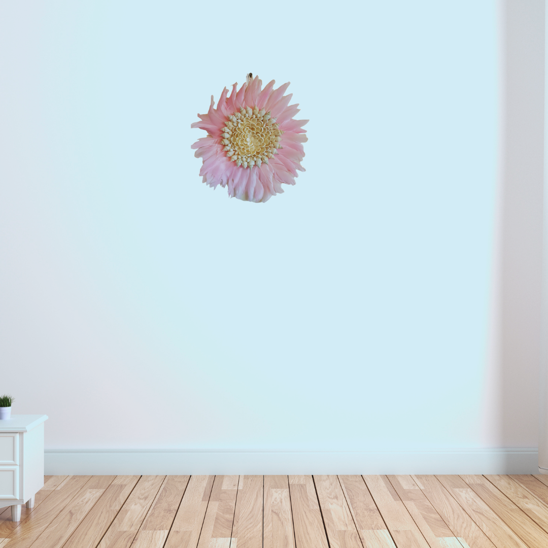 Decorative pink flower wall decal on a light blue wall with wooden flooring.