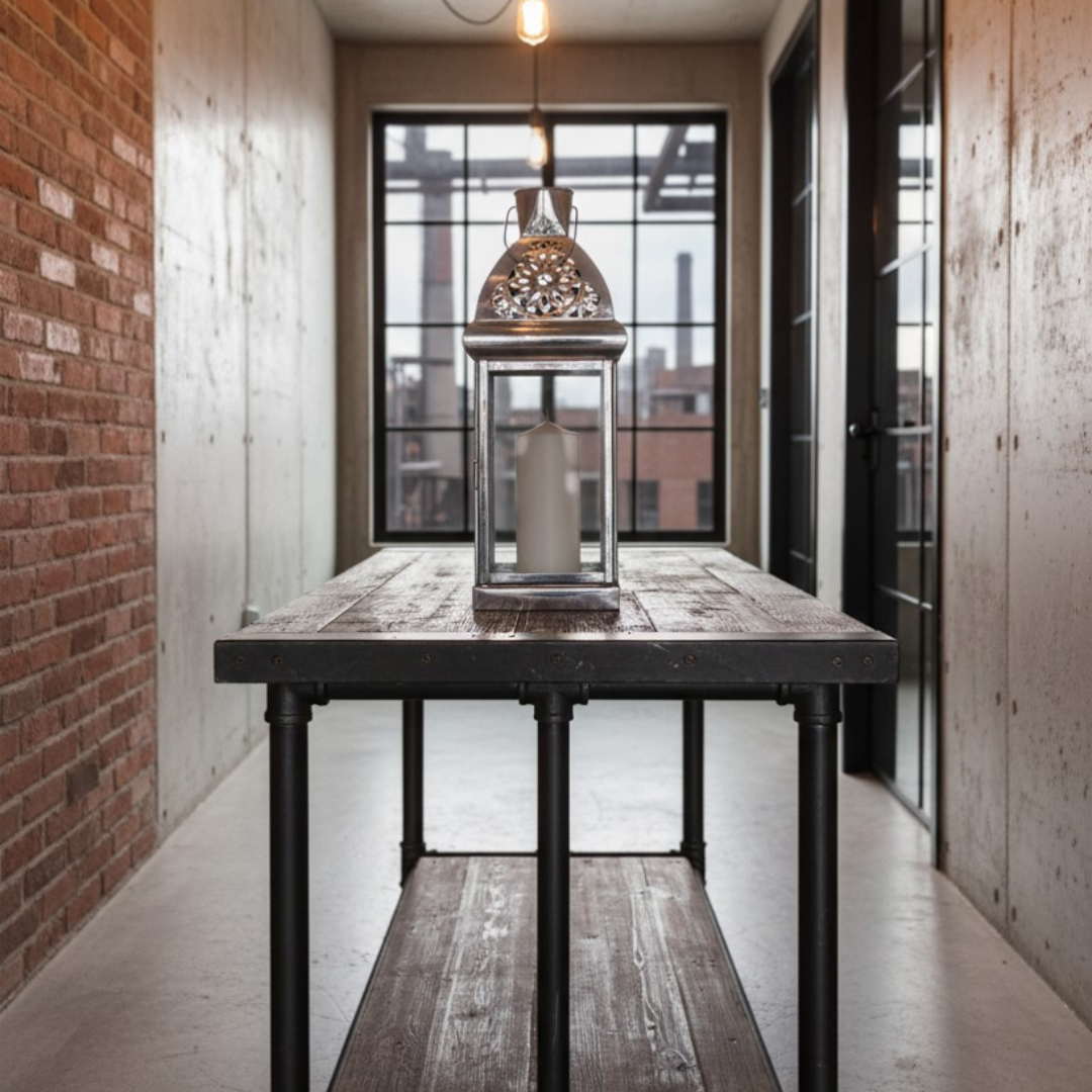 Silver filigree-top lantern with white pillar candle centred on a reclaimed timber and black pipe console table in an industrial loft with exposed brick walls