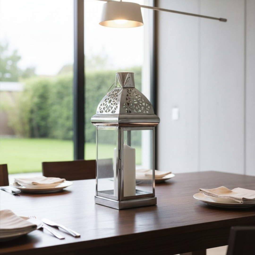 Decorative candle holder on a table with a view of greenery outside