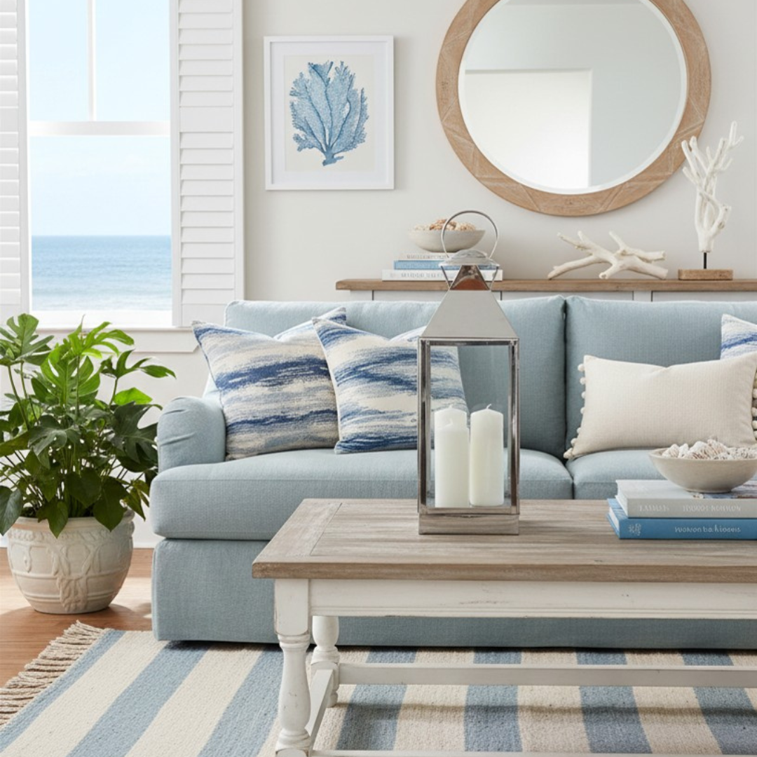 pillar candles on a driftwood coffee table in a coastal living room with blue linen sofa, ocean views, and rattan mirror