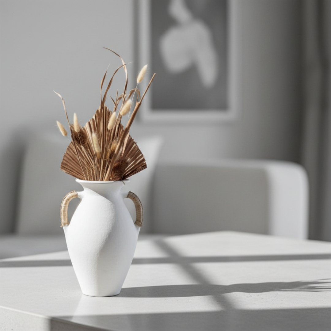 Matte white terracotta vase with rattan handles on a white table, filled with dried palm spear and bunny tail grass, soft natural light and shadows