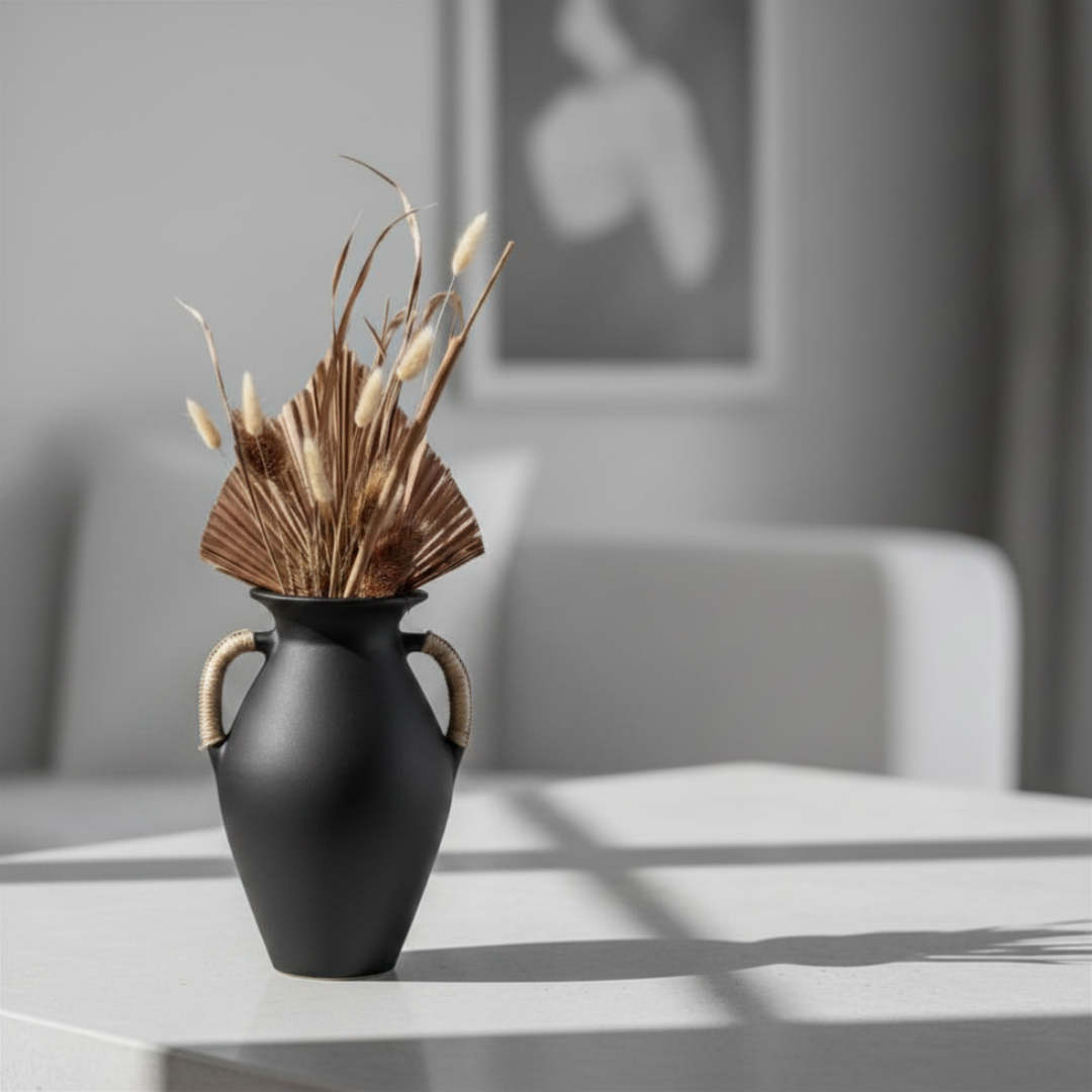 Matte black terracotta vase with rattan handles on a white table, filled with dried palm spear and bunny tail grass, blurred grey room in background