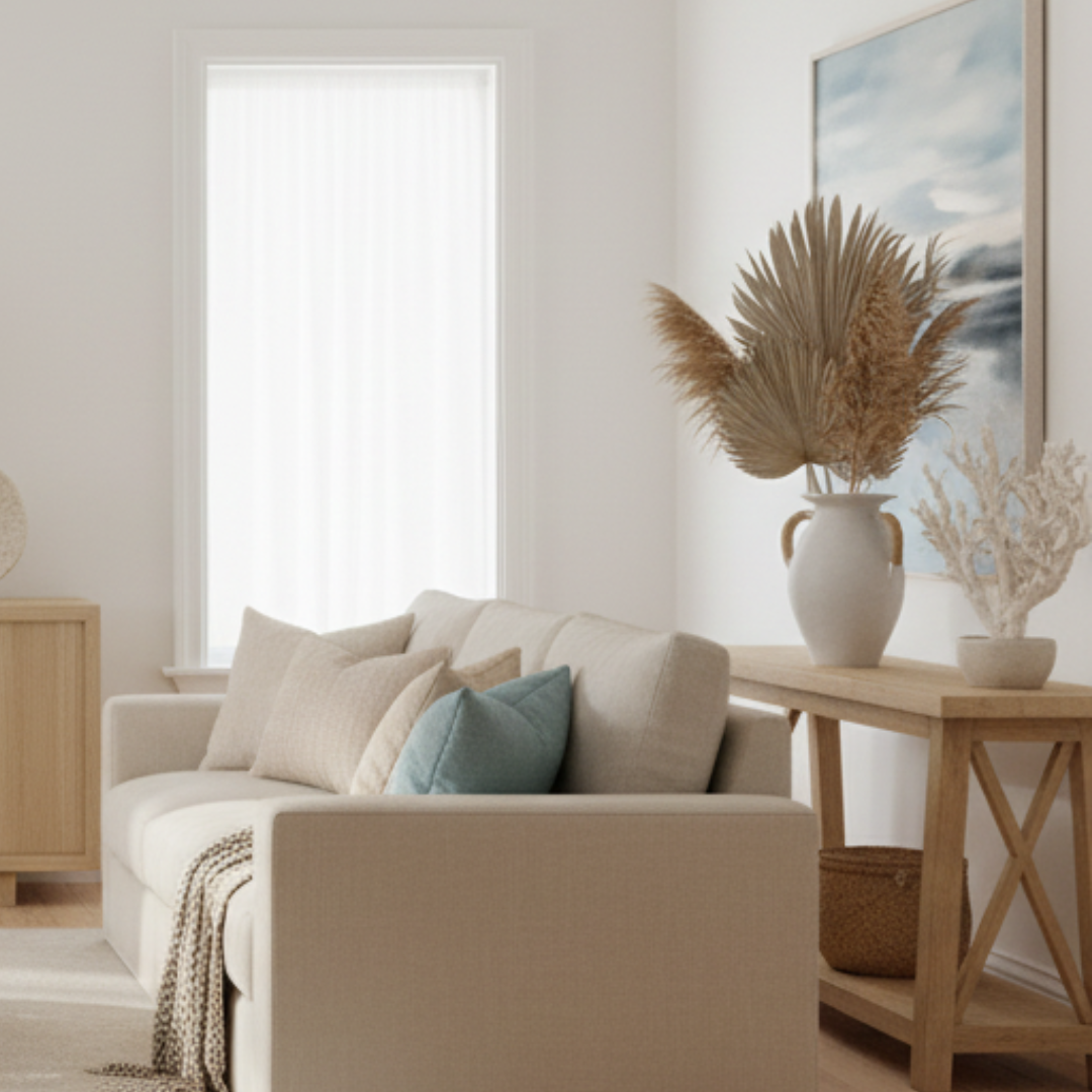 Modern living room with a beige sofa, decorative pillows, and a wooden side table.