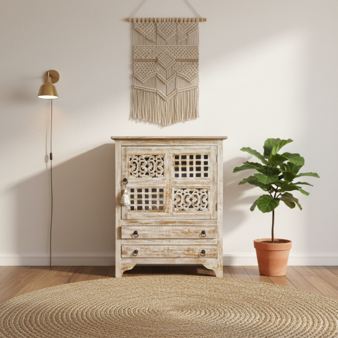 teak cabinet in a coastal boho entryway styled with jute rug, fiddle leaf fig and woven wall hanging