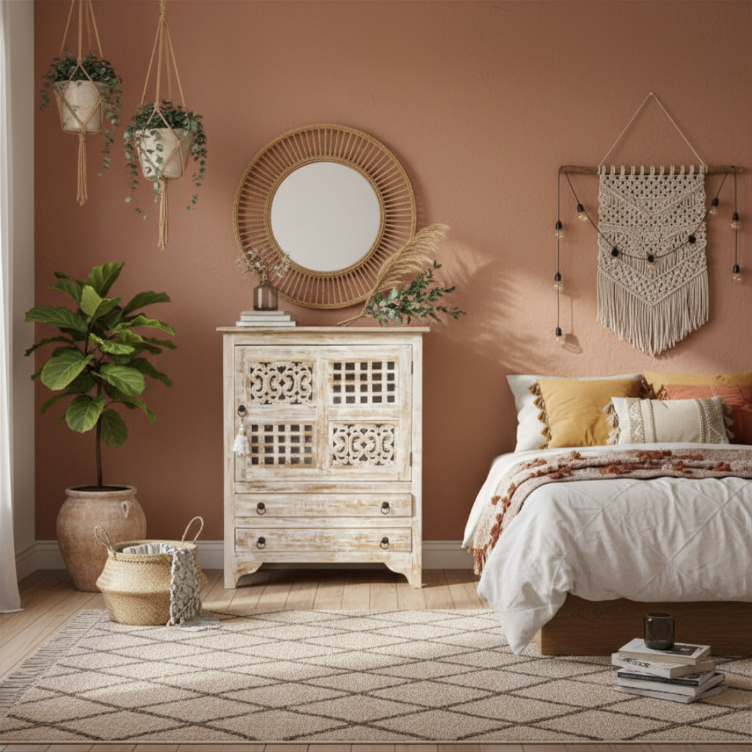 cabinet with white-wash finish styled in a boho bedroom with rattan mirror, macrame wall hanging, fiddle leaf fig and warm terracotta tones