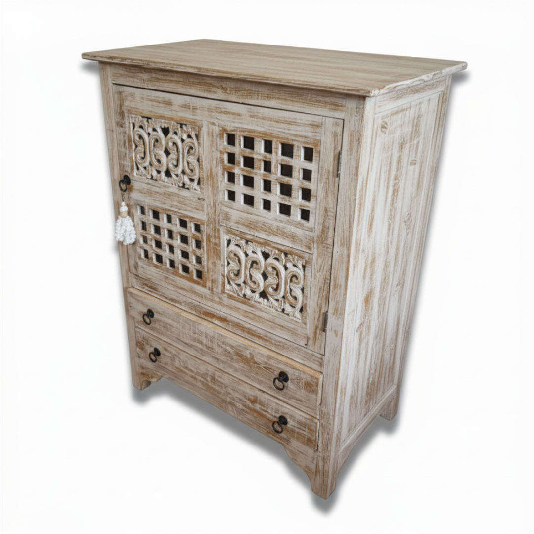 Angle shot white wash Wooden cabinet with decorative carvings on a white background