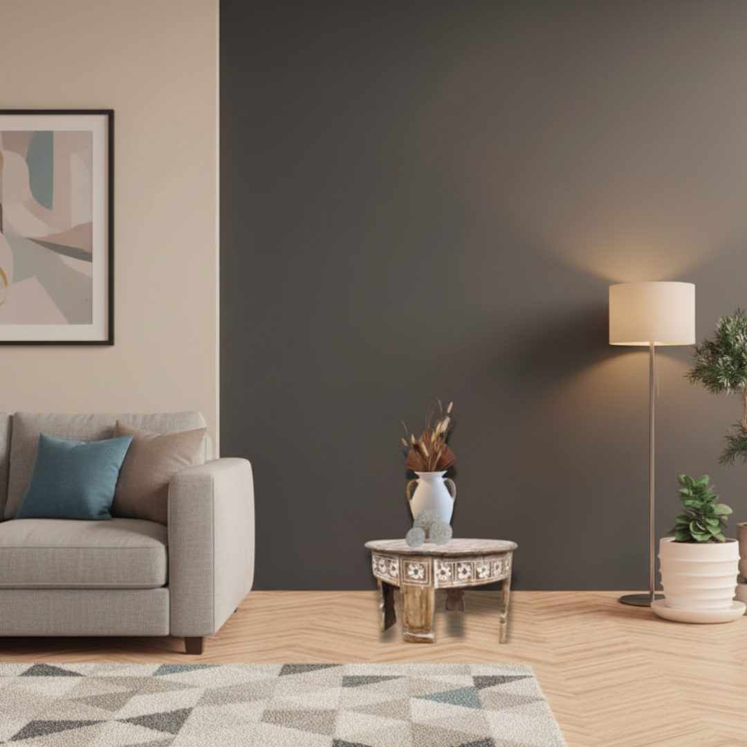 Reclaimed teak wood coffee table with white carved floral panels styled in a contemporary dark-walled room with floor lamp and greenery