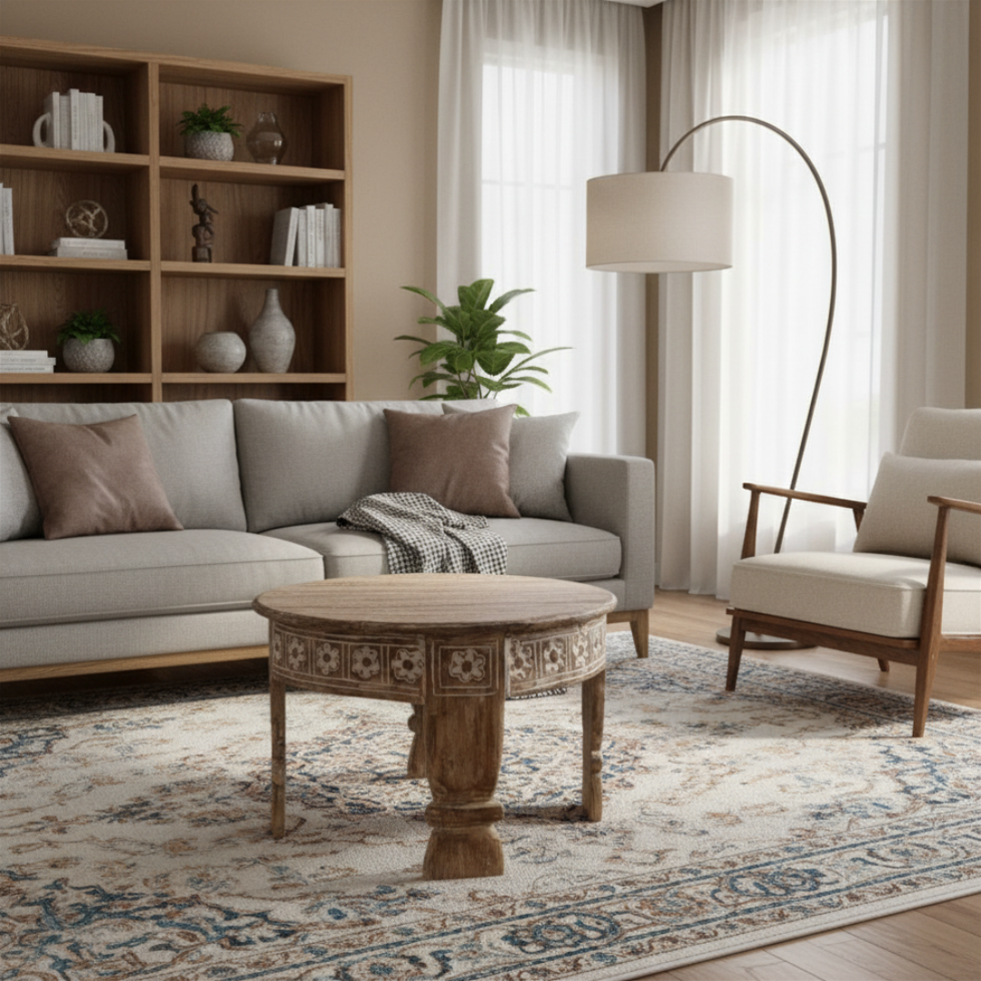 Tribal-carved round table on a Persian rug in a bright neutral living room with timber shelving and arc floor lamp