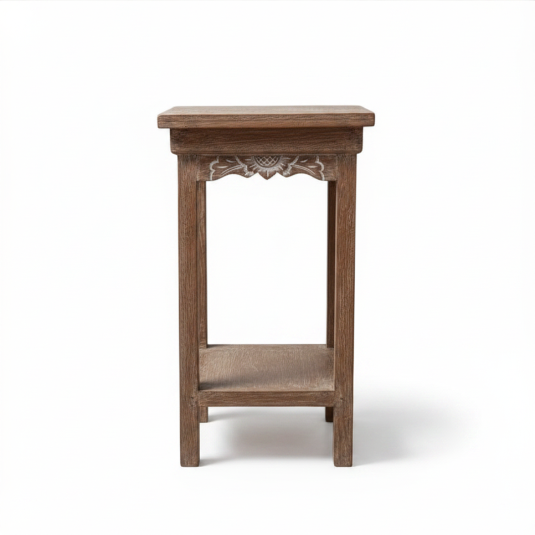 Reclaimed teak wood rustic side table with hand-carved floral apron detail and lower shelf, rustic natural finish, white background — Azure Decor