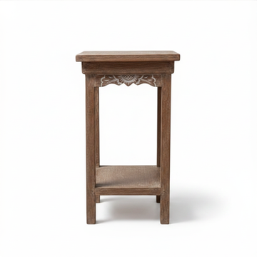 Reclaimed teak wood rustic side table with hand-carved floral apron detail and lower shelf, rustic natural finish, white background — Azure Decor