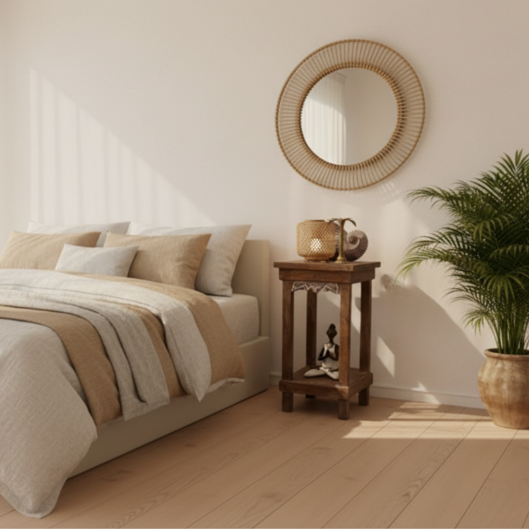 Bedroom setting with a Balinese teak bedside table, potted palm, and rattan mirror on the wall — Azure Decor