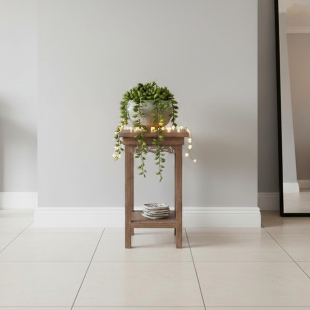 Styled home interior with a plant and decorative objects against a grey wall