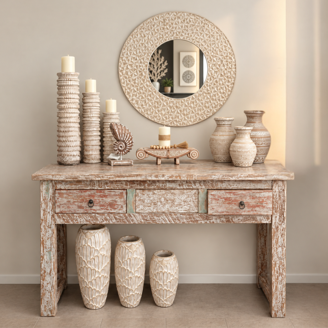 Reclaimed timber console table styled with carved candle holders, natural-wash pots, a round mosaic mirror and floor vases.
