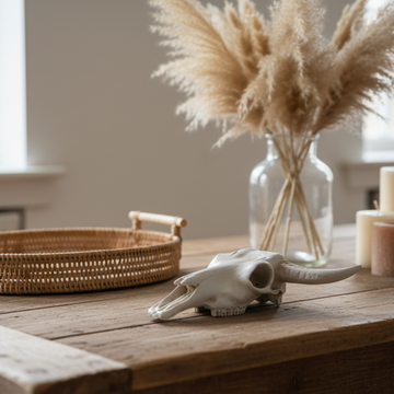 Resin Cow Skull Wall Art in antique white resting on a rustic reclaimed timber table, styled with a large bunch of dried pampas grass in a glass bottle vase, a woven rattan tray and cream pillar candles in a bright coastal boho setting — farmhouse tabletop décor by Azure Decor