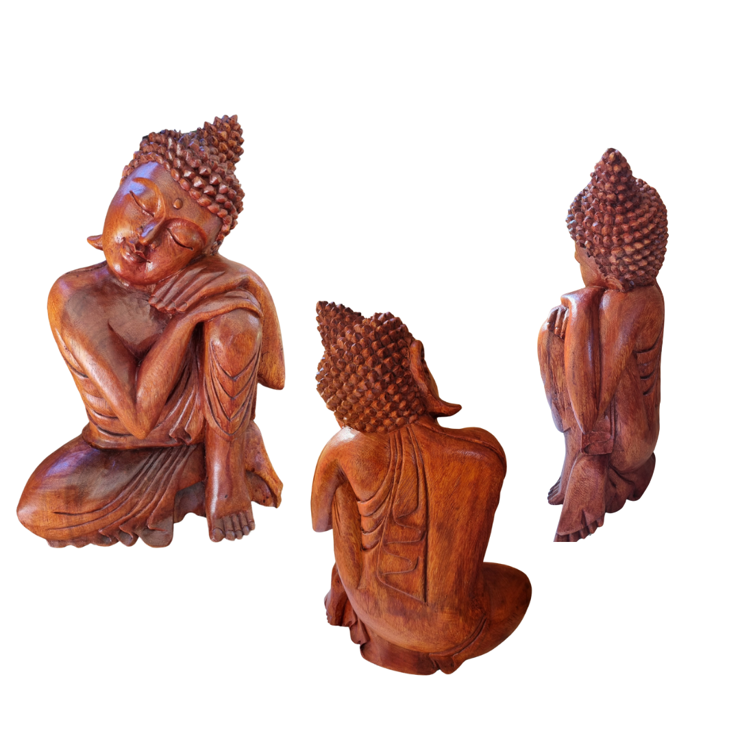 Hand-carved wooden Buddha statue shown from front, back, and side angles on white background