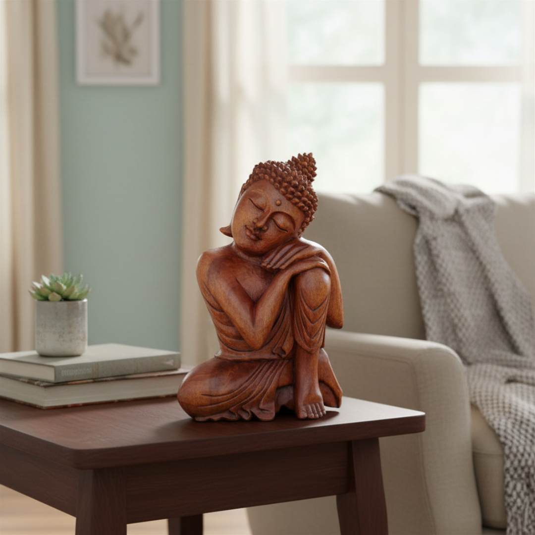 Wooden Buddha statue styled on a dark timber side table in a coastal living room setting