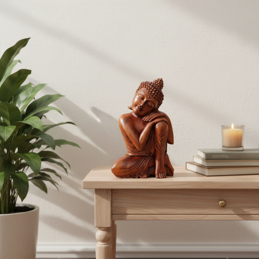 Hand-carved wooden Buddha statue on a light timber desk with indoor plant and candle