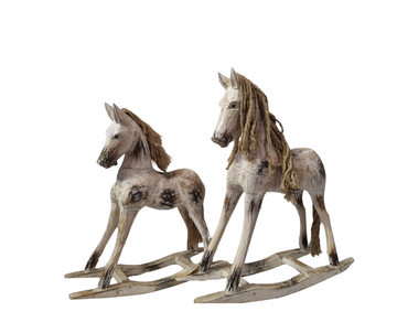 Two handcrafted wooden rocking horse decorative features in white wash rustic finish displayed side by side showing the 30cm and 50cm size difference, on a white background
