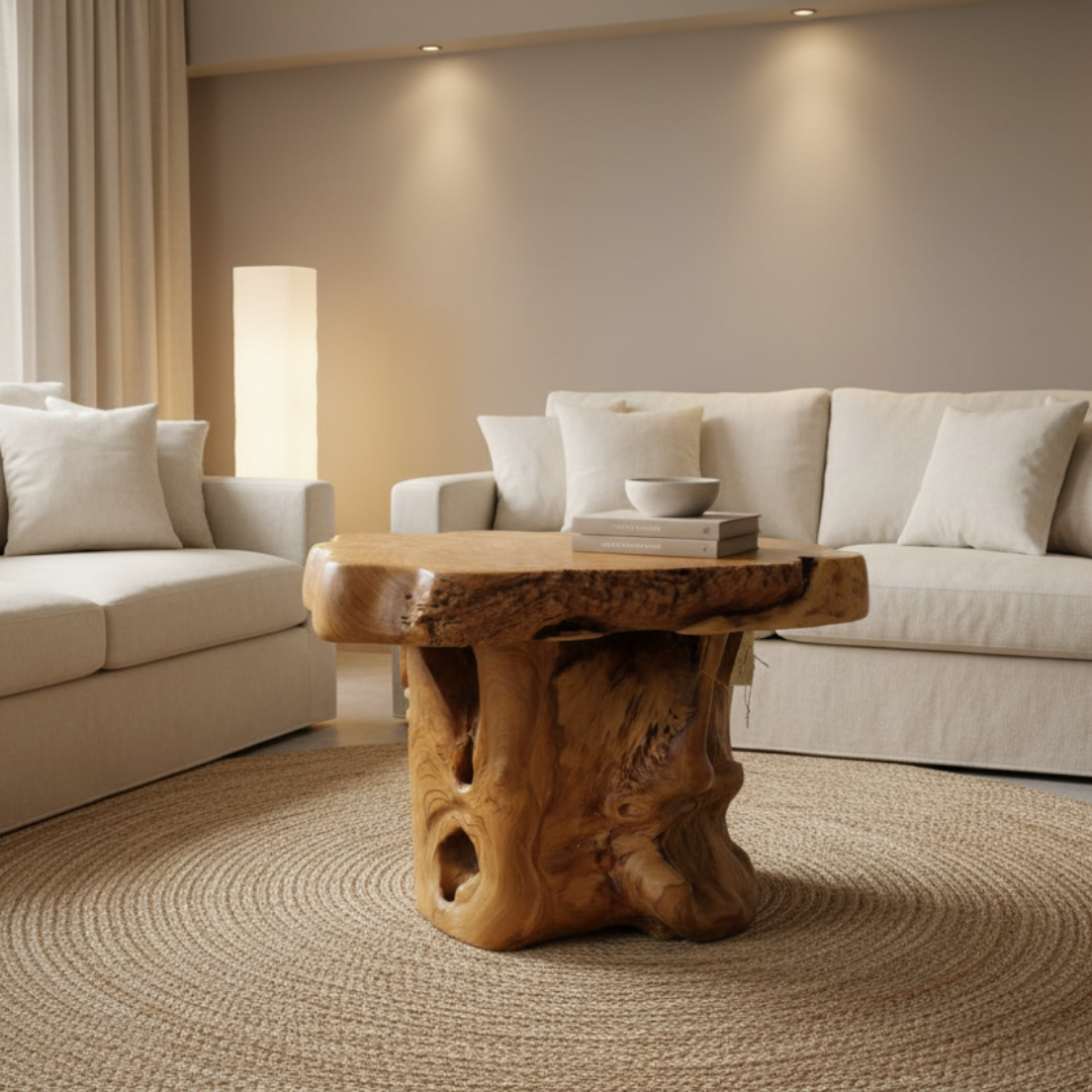 Living room with beige sofas and a wooden coffee table.
